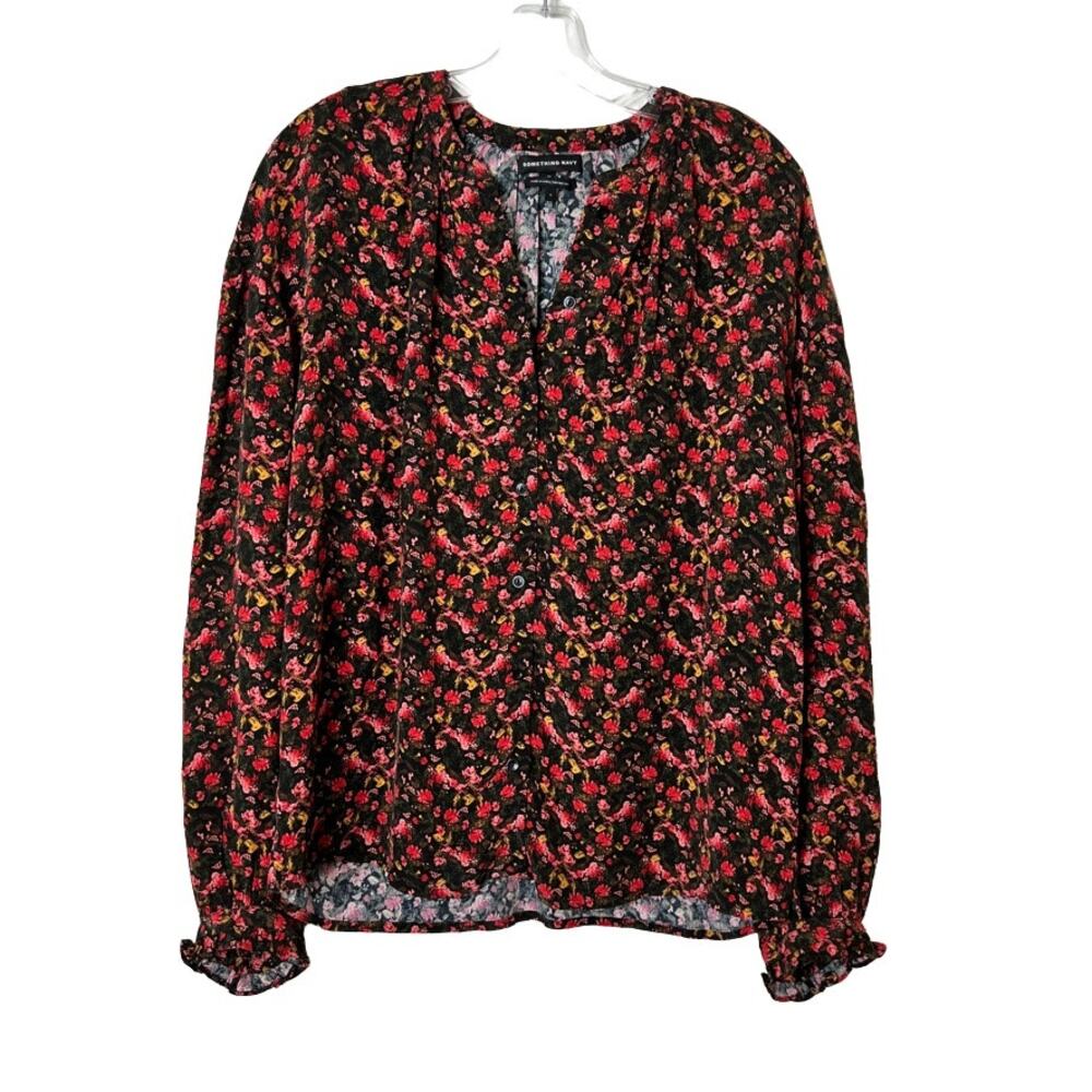 Something Navy Long Sleeve Floral Button Front Top Small